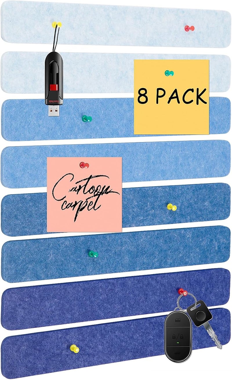 Arlasuo 8 Pcs Felt Pin Board Bar Strips Bulletin Board for Bedrooms Offices Home Wall Decoration, Notice Board Self Adhesive Cork Board with 50 Push Pins for Paste Notes, Photos, Schedules (Multi-Blue) - Image 1